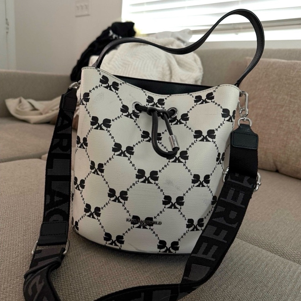 Karl Lagerfeld White and Black Logo Drawstring Hobo bucket  Bag